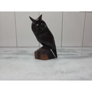 Ironwood Owl Hand Carved Figurine, Artist Signed, MCM Wood Owl on Log, Figure